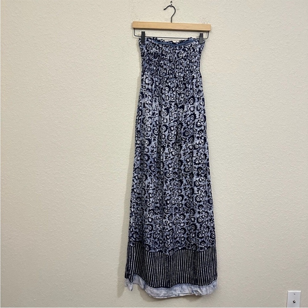 FAHERTY Margarita Linen Maxi Dress Strapless in Blue Batik Print